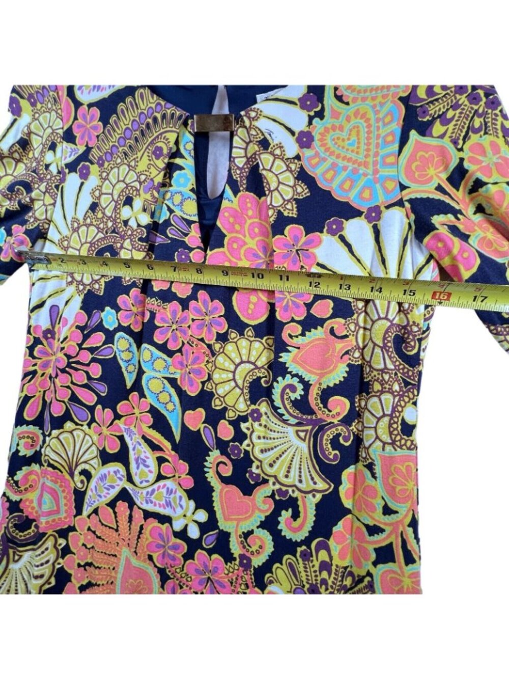 Trina Turk Floral Paisley Shift Dress 6 Hippie Boho Kaleidoscope Lined Keyhole - Picture 9 of 12